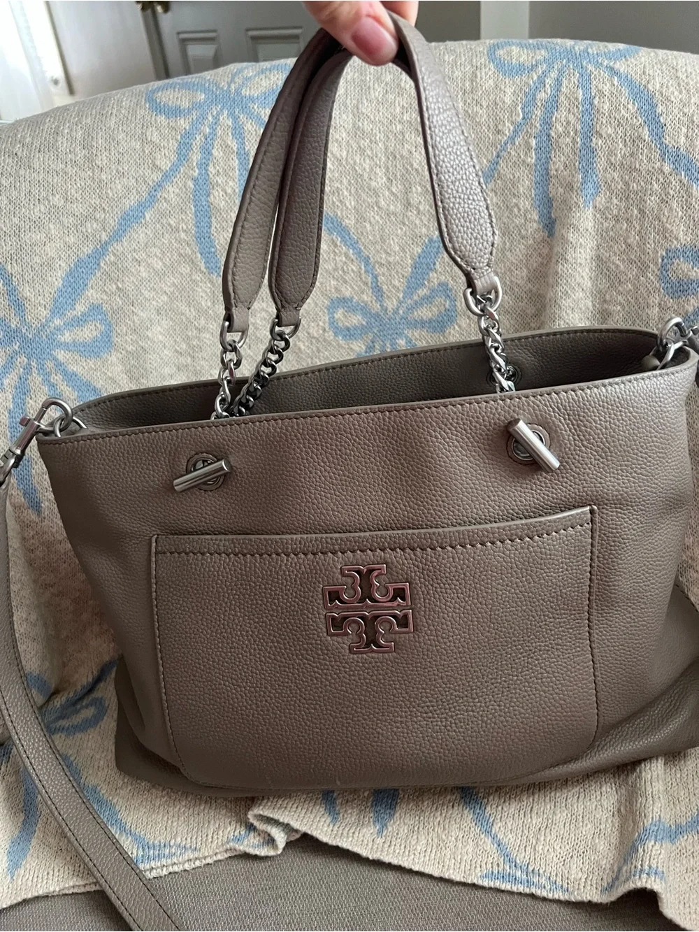 Tory Burch Taupe Pebbled Leather Shoulder Tote with Logo
